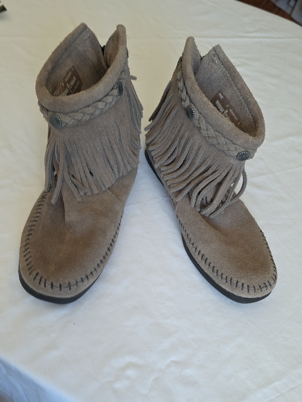 Minnetonka Taupe Suede Fringe Ankle Boots - Women